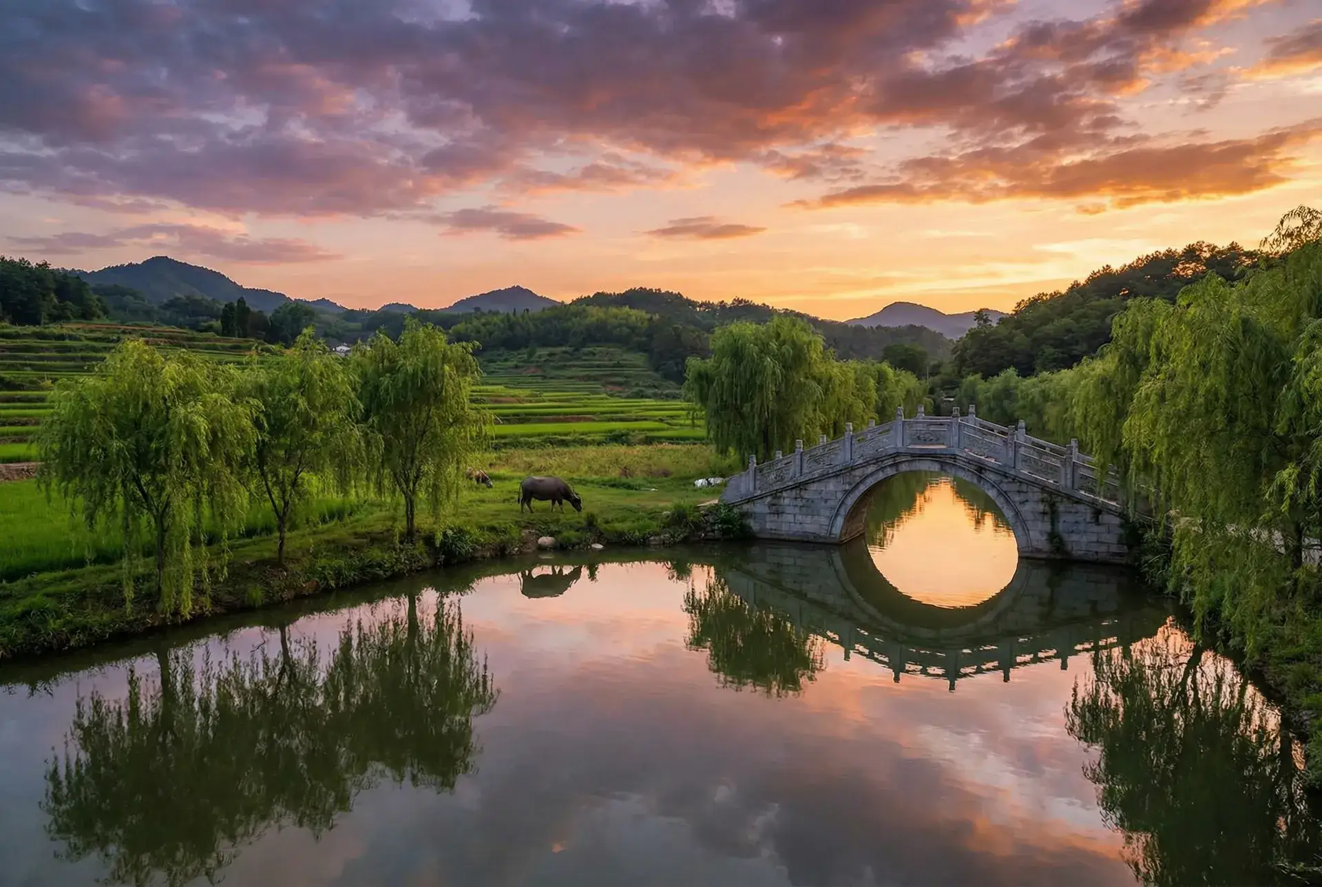 夕阳下的石拱桥与垂柳，水牛在河边吃草 - after高清在线观看 乡村美景